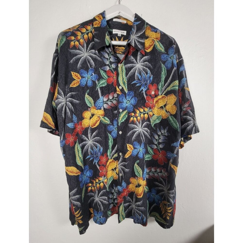 Vintage Pierre Cardin Mens XL Hawaiian Floral Button-Up Shirt Black Rayon Casual